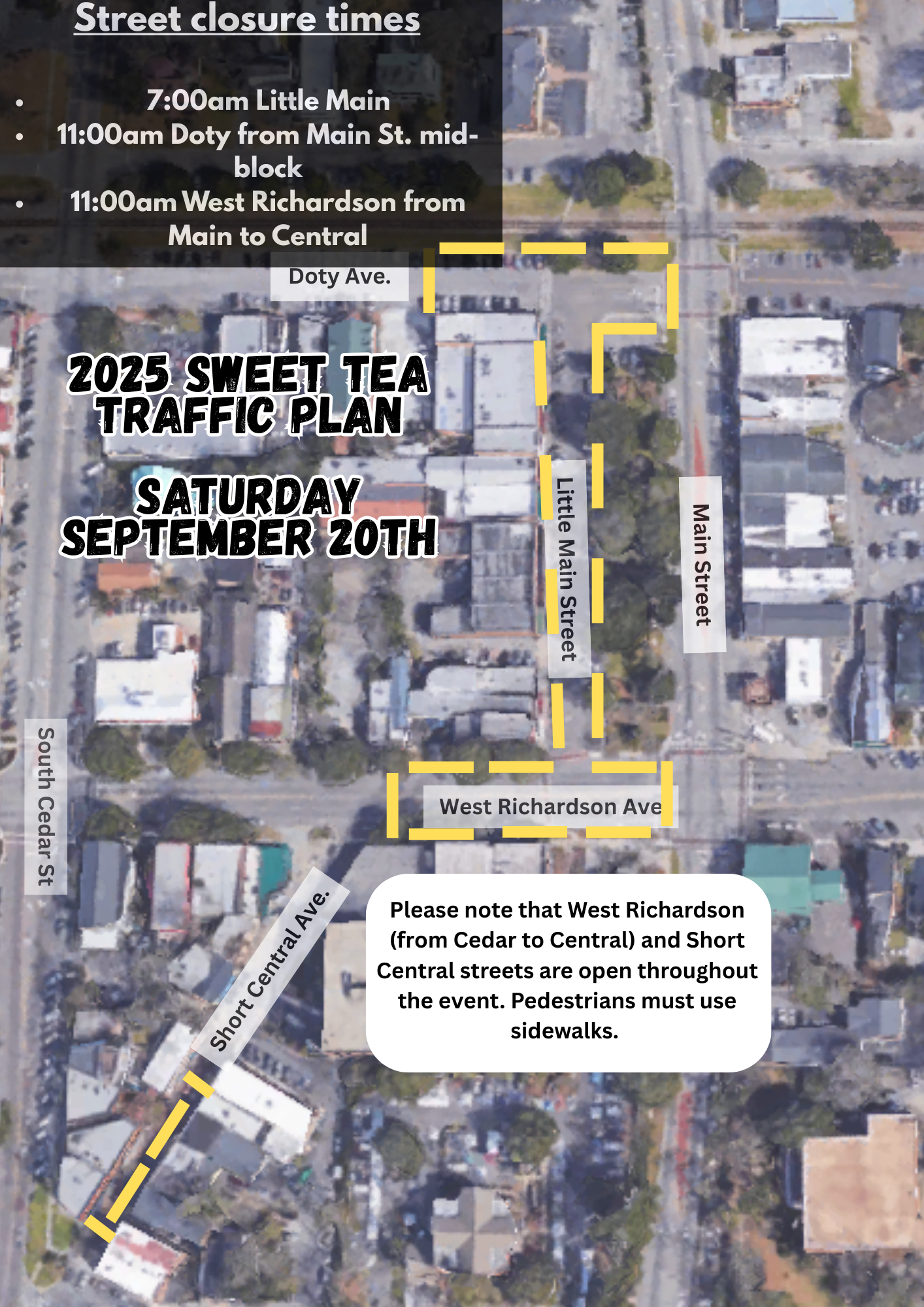 Aerial festival traffic plan showing street closures on Little Main Street, Doty Avenue and West Richardson Avenue